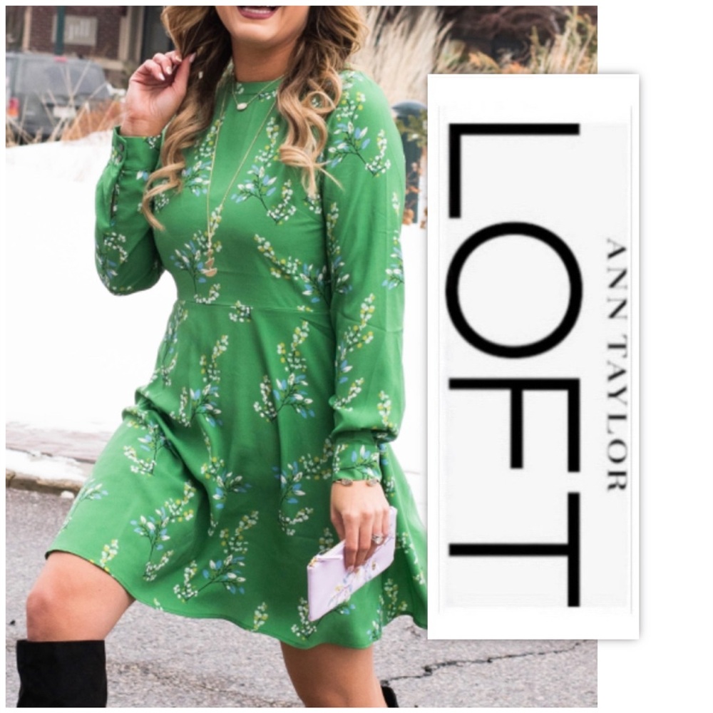 Ann Taylor Loft Green Flower Branch Flared Shirt Dress